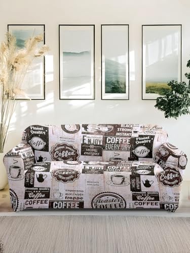 Amazon Brand – Solimo Polyester Streachable Retro Printed Coffee Day Sofa Cover (Two Seater Sofa Cover,Cream)