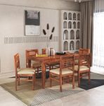 Solid Sheesham Wood Dining Table Set 6 Seater | Six Seater Dining Table with 6 Cushions Chairs for Living Room | Dinning Table Set 6 Seater for Living Room, Hotels & Restaurant | Honey Finish