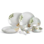 Cello Imperial Series Opalware Dinner Set 33 Pcs | Lush Foliage | Opal Glass, Lightweight & Chip-Resistant | Microwave Safe, Dishwasher Safe | Scratch-Resistant Dinnerware | White
