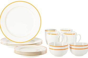 Amazon Brand – Solimo Solid Ceramic 16 Piece Dinner Set | 4 Dinner Plates, 4 Quarter Plates, 4 Mugs & 4 Small Bowls | Yellow Strip Design