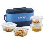 Borosil Universal Lunchbox | 4pc (320ml x 2 Square + 240ml x 2 Round) Container Set | Made in India Borosilicate Glass | Microwave & Dishwasher Safe Tiffin for Office, College & School (Prime)