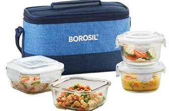 Borosil Universal Lunchbox | 4pc (320ml x 2 Square + 240ml x 2 Round) Container Set | Made in India Borosilicate Glass | Microwave & Dishwasher Safe Tiffin for Office, College & School (Prime)