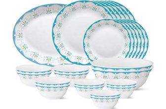 Larah by Borosil – Tiara Series, Royal Jade, 27 Pcs, Opalware Dinner Set, White