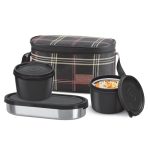 Milton Decker Lunch Box with Insulated Fabric Jacket, 2 Inner Stainless Steel Containers 450 ml Each & 1 Oval Stainless Steel 450 ml, Microwave Safe, Leak-Proof Tiffin for Office, Easy to Carry, Black