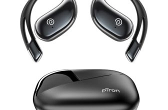 pTron Bassbuds Trendz Open Ear Wireless Earbuds, SafeBeats Design, HD Mics & TruTalk AI-ENC Calls, 45Hrs Playtime, App Support, 14.2mm Drivers, BT6.0 Headphones, Type C Charging & IPX5 (Pearl Black)
