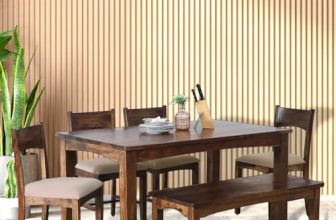 EXCEL HOME 6-Seater Dining Room Set, Solid Wood Table with 4 Chairs and Bench, Provincial Teak Finish with Grey Cushions
