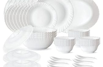 Larah by Borosil Plain White Silk Series Opalware Dinner Set | 47 Pieces for Family of 8 | Microwave & Dishwasher Safe | Bone-Ash Free | Crockery Set for Dining & Gifting | Plates & Bowls | Snow