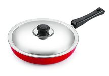 Nirlon Non Stick Food Grade Quality Aluminium LPG Stove Compatible Only Fry Pan/Frying Pan/Pasta Pan 24cm Diameter with Steel Lid[Red_FP12]