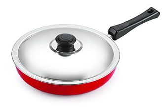Nirlon Non Stick Food Grade Quality Aluminium LPG Stove Compatible Only Fry Pan/Frying Pan/Pasta Pan 24cm Diameter with Steel Lid[Red_FP12]