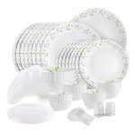 CELLO Tropical Lagoon Dazzle Series Opalware Dinner Set of 49 Pieces For Family of 6 | Bone-Ash Free & Leadfree Opal Glass, Microwave & Dishwasher Safe Plates & Bowls Crockery Set For Dining & Gifting