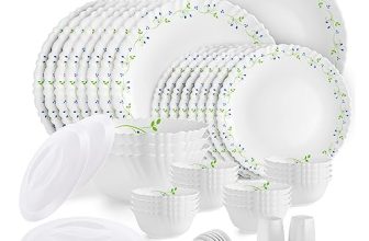 CELLO Tropical Lagoon Dazzle Series Opalware Dinner Set of 49 Pieces For Family of 6 | Bone-Ash Free & Leadfree Opal Glass, Microwave & Dishwasher Safe Plates & Bowls Crockery Set For Dining & Gifting