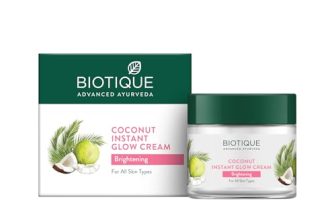 Biotique Coconut Brightening Instant Glow Cream | Lightweight and Non-Greasy | Reduces Dark Spots and Protects Ageing | Nourished and Moisturized Skin 75ml