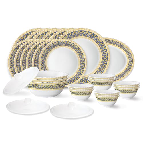 Larah by Borosil Regal Fluted Series Opalware Dinner Set | 31 Pieces for Family of 6 | Microwave & Dishwasher Safe | Bone-Ash Free | Crockery Set for Dining & Gifting | Plates & Bowls | White