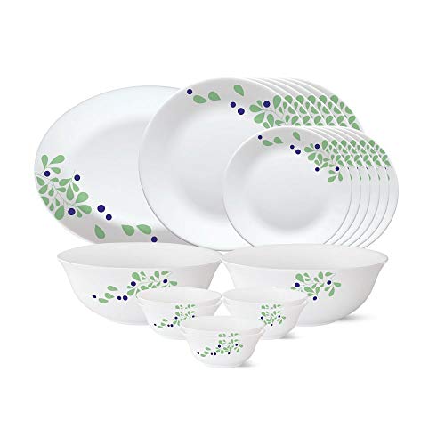 Larah by Borosil Nina Fluted Series Opalware Dinner Set Of 6 Full Plate, 6 Quarter Plates, 6 Veg Bowls and 1 Serving Bowl | Bone-Ash Free Crockery Set for Dining Table (White, 19 Pieces)