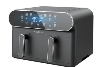 Havells Air Fryer Prolife Delicia 1700 W|Dual Basket Air Fryer|85% Less Oil|10.5L Pan|8 Auto Pre-set Menu|Auto Restart|Digital Touch Control|Dehydrator Mode|2Yr Door Step Warranty by Havells (Black)