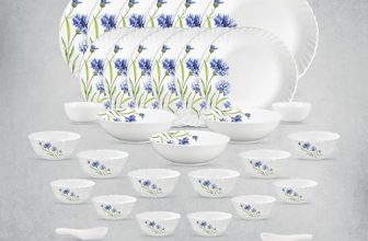 La Opala Opal Glass Crockery | for Family of 6 | Dinner Set 35 pcs Floral Fountain | Plates & Bowls for Dining | Microwave Safe | 100% Vegetarian | Extra Strong | Extra Light & White