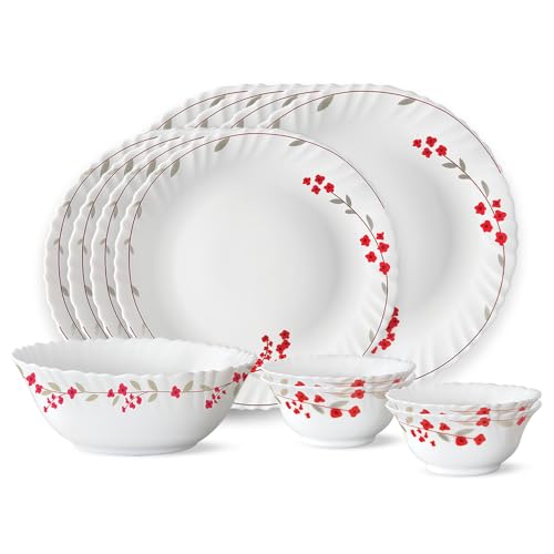 La Opala Opal Glass Crockery | for Family of 6 | Dinner Set 35 pcs Pink Florets | Plates & Bowls for Dining | Microwave Safe | 100% Vegetarian | Extra Strong | Extra Light & White