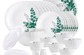 Cello Opalware Dazzle Series Aqua Leaves Dinner Set, 57Pcs | Opal Glass Dinner Set for 8 | Light-Weight, Daily Use Crockery Set for Dining | White Plate and Bowl Set