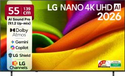 LG AI NANO NU87 139 cm (55 inch) Ultra HD (4K) LED Smart WebOS TV 2026 Edition with NANO Detail Enhancer, HDR10 Pro, 4K Super Upscaling Alpha7 AI Processor 4K Gen9, Dolby Atmos, AI Sound Pro (9.1.2 ch), Multi AI (Google Gemini & MS Copilot), Linear Flow Design, 60Hz VRR, 5 Years OS upgrade, Secured