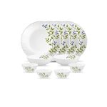 La Opala Novo Collection Opal Glass Crockery | for Family of 4 | Dinner Set 10 pcs Lush Greens | Plates & Bowls for Dining | Microwave Safe | 100% Vegetarian | Extra Strong | Light & White