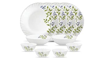 La Opala Novo Collection Opal Glass Crockery | for Family of 4 | Dinner Set 10 pcs Lush Greens | Plates & Bowls for Dining | Microwave Safe | 100% Vegetarian | Extra Strong | Light & White