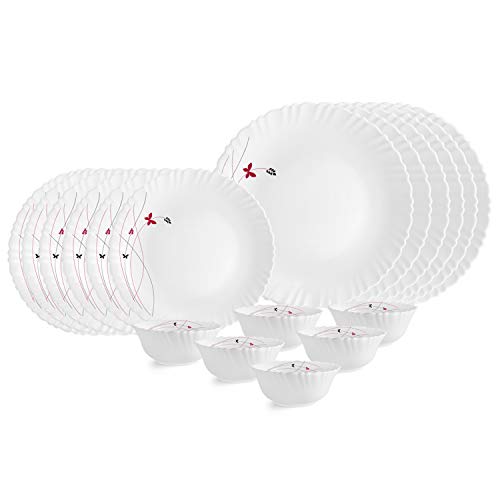 CELLO Lush Fiesta Dazzle Series Opalware Dinner Set of 18 Pieces for Family of 2 | Bone-Ash Free & Leadfree Opal Glass, Microwave & Dishwasher Safe, Plates & Bowls Crockery Set for Dining & Gifting