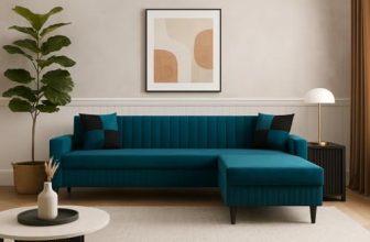 FURNY Gracina Fabric 4 Seater Convertiable L Shape Sofa Set 3 Seater Modern Sofa Set & Ottoman for Living Room (Teal) with Velvet Fabric