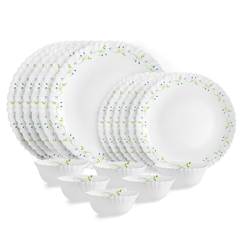 CELLO Lush Fiesta Dazzle Series Opalware Dinner Set of 18 Pieces for Family of 2 | Bone-Ash Free & Leadfree Opal Glass, Microwave & Dishwasher Safe, Plates & Bowls Crockery Set for Dining & Gifting