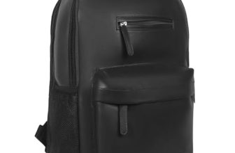 Amazon Basics Leather Laptop Backpack (15.6 Inch) | Water Resistant | Large Storage Compartments | Breathable Shoulder Straps | for Office, Travel or College (Black)