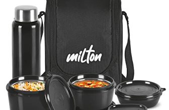 MILTON Pro Lunch Box with Steel Cutlery, 3 Microwave Safe Inner Steel Containers (180ml, 320ml, 450ml) Plastic Chutney Dabba 100ml, Bottle 750ml with Insulated Bag, Office Tiffin, Black