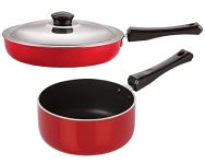 Nirlon 3 Layer Non-Stick Coated 2 Piece Cookware Combo Gift Set Fry Pan-3.2 LTR & Sauce Pan (B)-1.8 LTR (Color-Red)