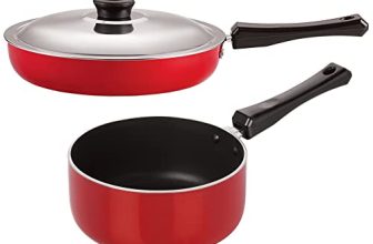 Nirlon 3 Layer Non-Stick Coated 2 Piece Cookware Combo Gift Set Fry Pan-3.2 LTR & Sauce Pan (B)-1.8 LTR (Color-Red)