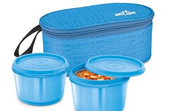 MILTON Graze Big Lunch Box, 2 Round Inner Steel Microwave Safe Containers 450 ml Each with Insulated Bag, Odour Proof, Tiffin for Office Men, Women, Leak-Proof Containers, Easy to Carry, Blue