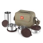 CELLO MF Fab Lunch Box Set with Jacket | Brown | Set of 4 | Stainless Steel Containers | 315ml x 3 + 510ml x 1 Steel Tumbler | Leakproof & Airtight | Ideal for Dry & Semi Liquid Food