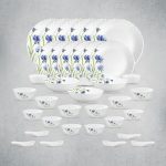 La Opala Opal Glass Crockery | for Family of 6 | Dinner Set 35 pcs Floral Fountain | Plates & Bowls for Dining | Microwave Safe | 100% Vegetarian | Extra Strong | Extra Light & White