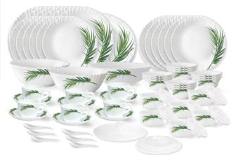 Larah by Borosil Crescent Fluted Series Opalware Dinner Set | 66 Pieces for Family of 6 | Microwave & Dishwasher Safe | Bone-Ash Free | Crockery Set for Dining & Gifting | Plates & Bowls | White
