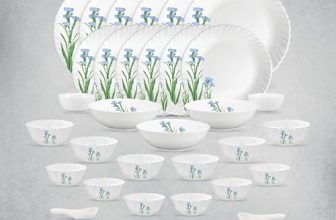 La Opala Opal Glass Crockery | for Family of 6 | Dinner Set 35 pcs Blue Florets | Plates & Bowls for Dining | Microwave Safe | 100% Vegetarian | Extra Strong | Extra Light & White