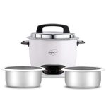 Pigeon by Stovekraft Joy Rice Cooker with Double pot, 1 litres. (White) | Toughened Glass Lid | 400 Watts | 2 Aluminium Cooking Pots | Measuring Cup| Spatula | Energy Efficient Cooking