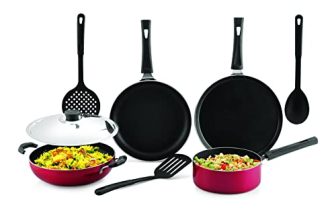 Anjali 8 pcs Cresta Nonstick Combo Kitchen Cookware Set Dosa Tawa 250mm, Fry Pan 240mm, Kadai 240mm, Steel Lid, Sauce Pan 1.6Ltr, Nylon Frying Ladle, Nylon Spatula, Nylon Serving Spoon