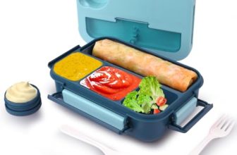 ATTRO Plastic Proton 4 Compartment Lunch Box with Small Container & Spook, Fork Included Snap Lock Design Leak-Proof BPA Free Food Grade-1550ml Dark Blue