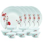 Larah by Borosil Glass Chrys RedThali Set (White) – 18 Pieces