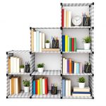 Vancefame Modular Storage Shelf, 9-Cube Organizer, Stepped Design, Black Frame with Grey Checkered Pattern, 138x130x30 cm