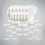 La Opala Opal Glass Crockery | for Family of 6 | Dinner Set 35 pcs Pink Florets | Plates & Bowls for Dining | Microwave Safe | 100% Vegetarian | Extra Strong | Extra Light & White