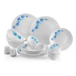 CELLO Blue Swirl Dazzle Series Opalware Dinner Set of 23 Pieces for Family of 6 | Bone-Ash Free & Leadfree Opal Glass, Microwave & Dishwasher Safe, Plates & Bowls Crockery Set for Dining & Gifting