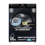 Haier 9 Kg 5 Star Powered by AI-DBT with Direct Drive Technology, PuriSteam, 525mm Super Drum Fully Automatic Front Load Washing Machine (EFL90-DM14IBIEBK,In-Built Heater,Steel Drum,Black)