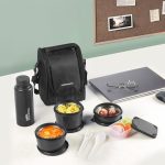 CELLO All In One Lunch Box with Jacket For Office, Black | 3 Microwave Safe Container (550ml, 375ml, 225ml), 1 x 175ml Pickle Box & Steel Bottle 900ml | Leakrpoof Airtight Tiffin Box Set For Daily Use