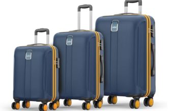 Safari Medium Thorium Neo 8 Wheels 55,66 and 77 Cm Small, and Large 4 Wheel Inline 3 Trolley Bags Polycarbonate 360 Degree Wheeling System Luggage,4 Wheel Inline Trolley Bags,Graphite Blue