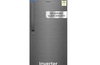 Haier 190L 5 Star Direct Cool Single Door Refrigerator | Inverter Compressor | Toughened Glass Shelves | Fast Ice Making in 60 minutes | Large Veg Box| Easy Clean Back (HED-205DSA-P, Dazzle Steel)