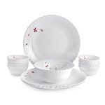 CELLO Lush Fiesta Dazzle Series Opalware Dinner Set of 13 Pieces for Family of 2 | Bone-Ash Free & Leadfree Opal Glass, Microwave & Dishwasher Safe, Plates & Bowls Crockery Set for Dining & Gifting
