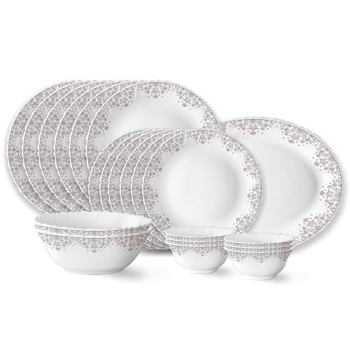 La Opala Opal Glass Crockery | for Family of 6 | Dinner Set 35 pcs Blue Florets | Plates & Bowls for Dining | Microwave Safe | 100% Vegetarian | Extra Strong | Extra Light & White